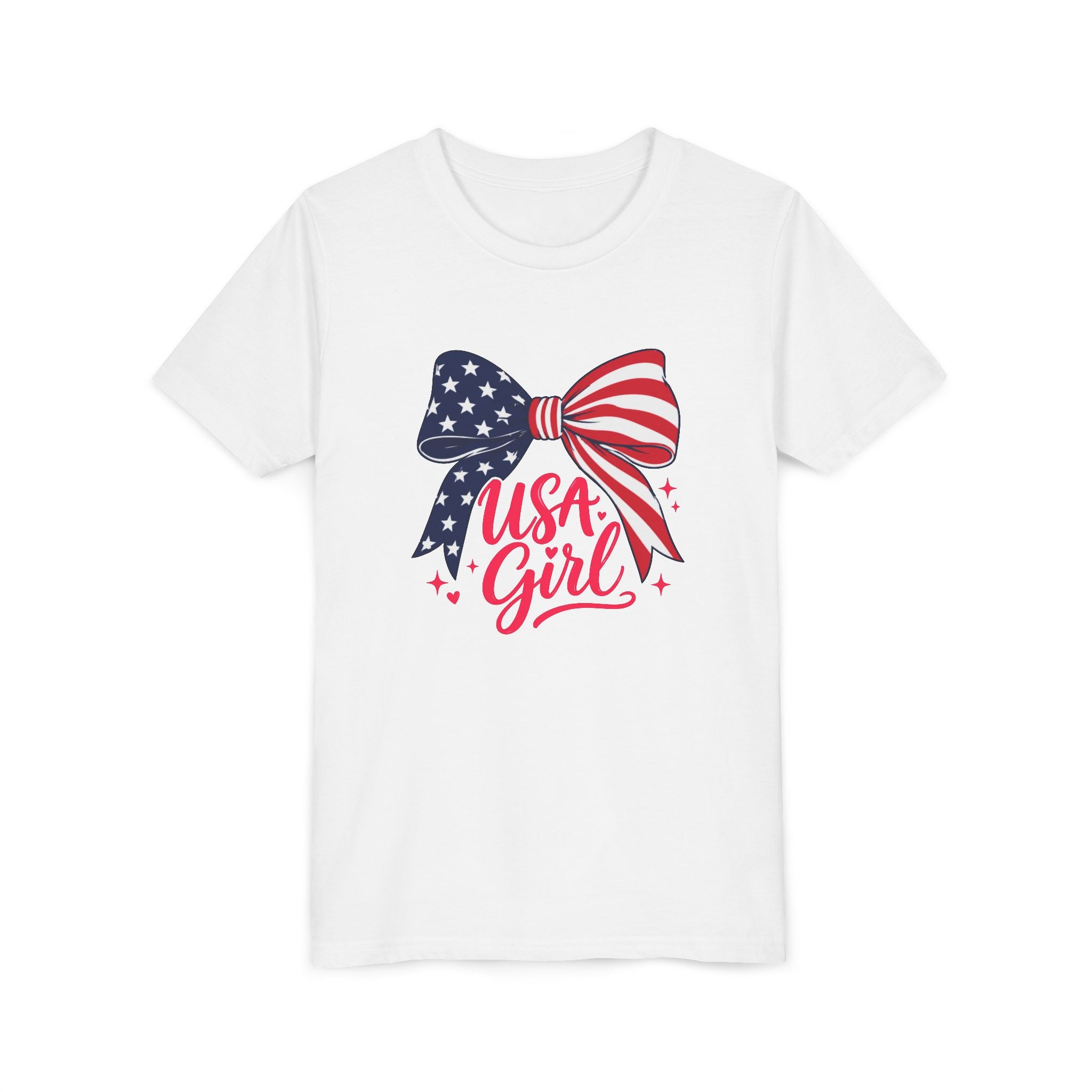 USA Girl Bow Tee, Patriotic Red White Blue Shirt, Cute American Pride Graphic Top, Fourth of July Celebration Outfit Youth Short Sleeve Tee
