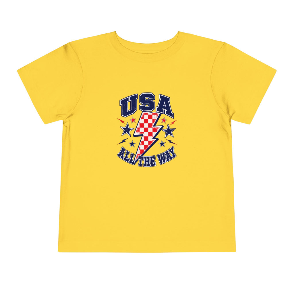 USA All The Way Tee, Patriotic Lightning Bolt Shirt, Red White Blue Star Graphic Top, Fourth of July Celebration Outfit Toddler Short Sleeve Tee
