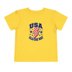 USA All The Way Tee, Patriotic Lightning Bolt Shirt, Red White Blue Star Graphic Top, Fourth of July Celebration Outfit Toddler Short Sleeve Tee