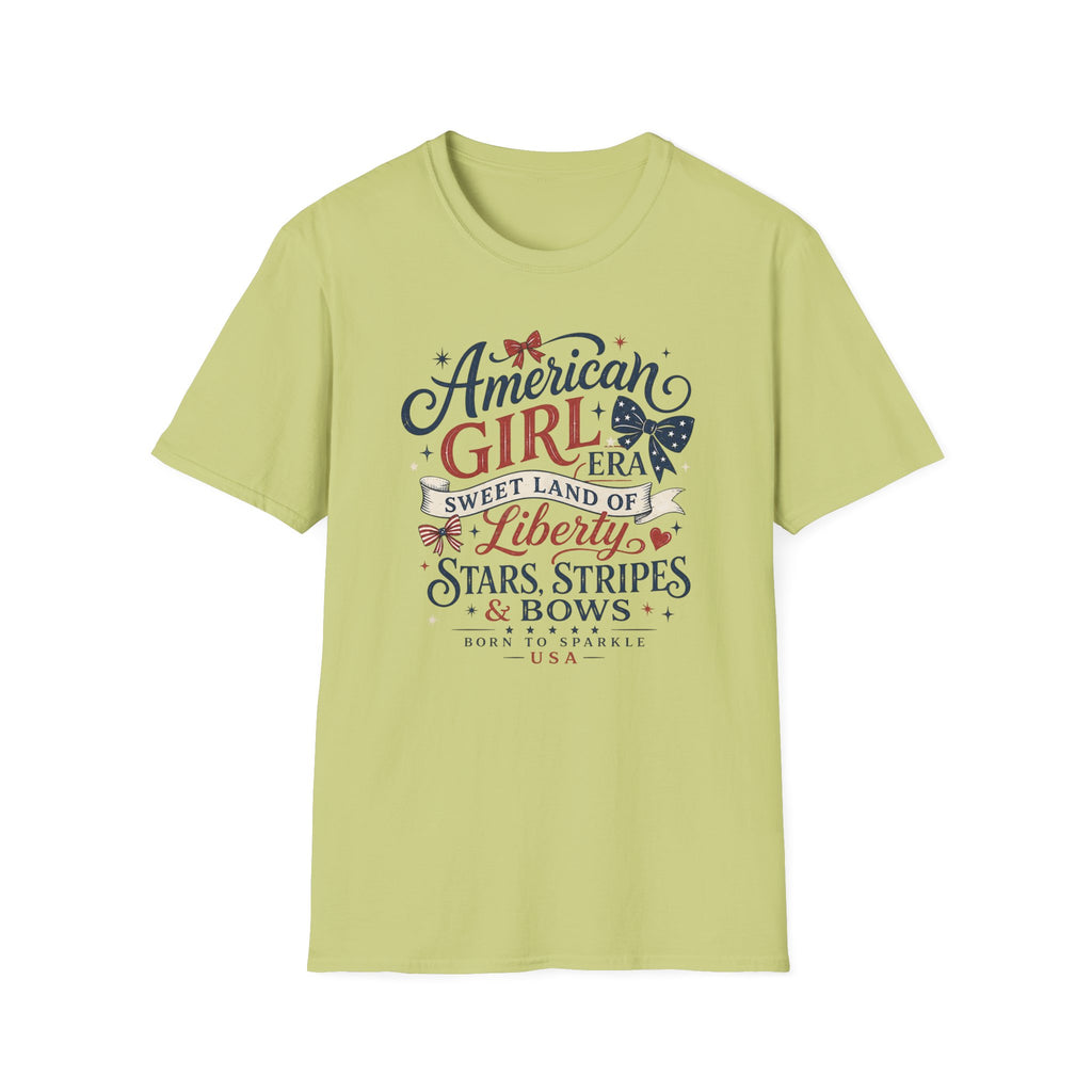 American Girl Era Tee, Sweet Land of Liberty Shirt, Stars Stripes Bows Graphic Top, USA Born Raised Patriotic Outfit T-Shirt