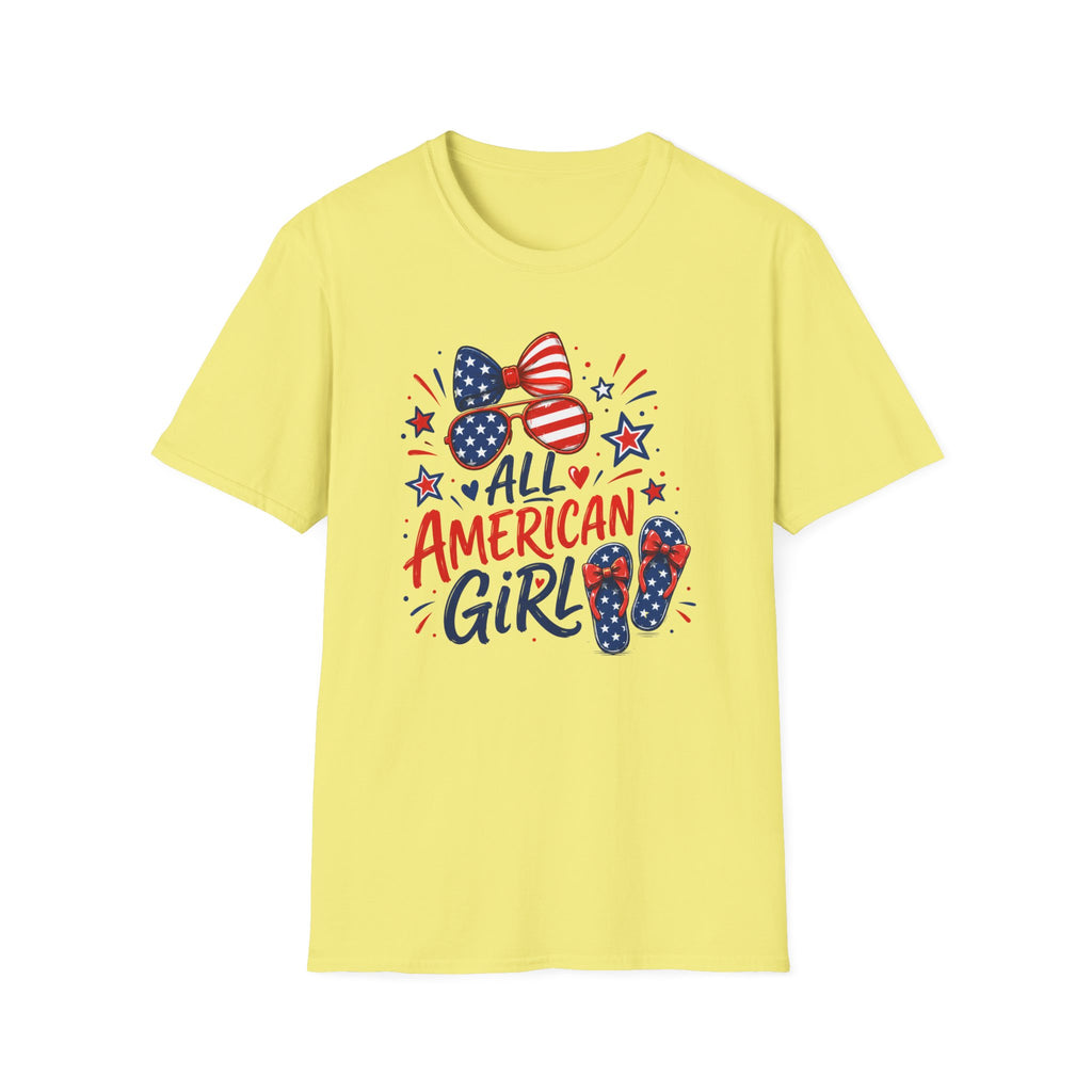 All American Girl Tee, Patriotic Bow Flip Flops Shirt, Red White Blue Graphic Top, Cute USA Fourth of July Outfit T-Shirt