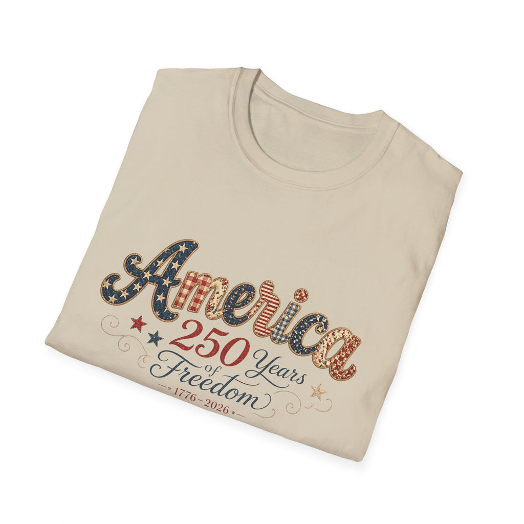America 250 Years of Freedom Patchwork Shirt, Retro Patriotic Script Tee 1776 2026, 4th of July Vintage Americana T-Shirt, Gingham Stars Scrollwork Anniversary