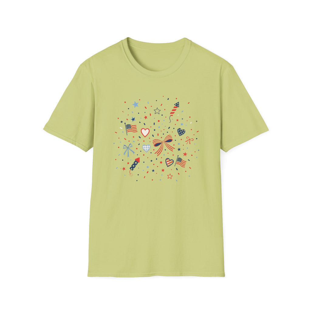 Patriotic Doodle Collage T-Shirt, Cute 4th of July Bow Heart Flag Confetti Tee, Whimsical Festive America Shirt, Coquette Patriotic Icon Scatter Gift