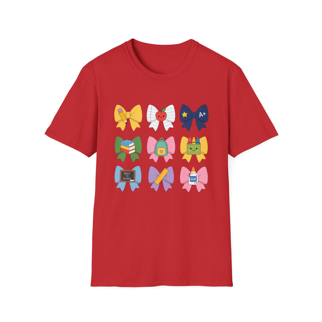 Teacher-themed Bow T-Shirt — Cute School Supply Bows (Apple, A+, Books, Backpack)