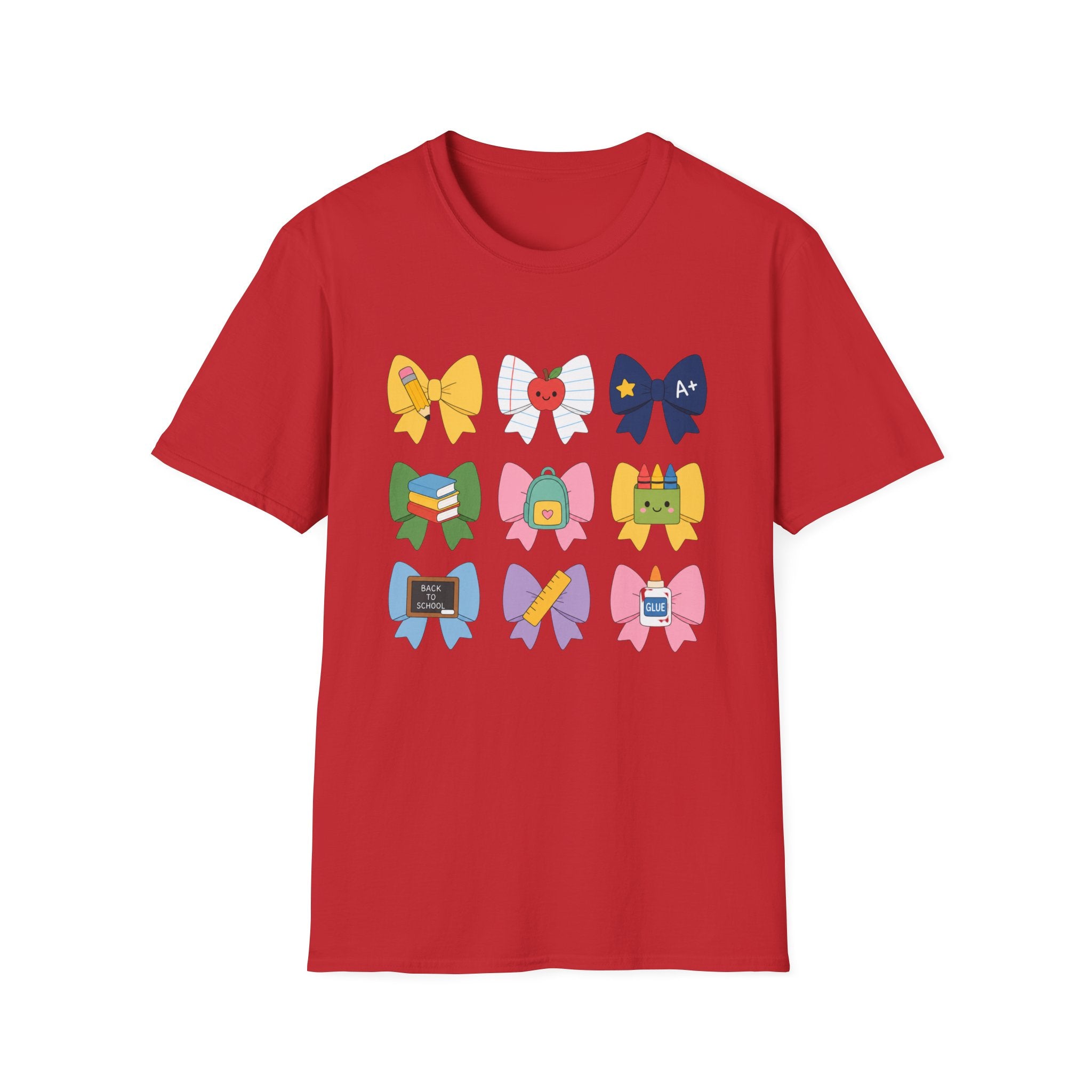 Teacher-themed Bow T-Shirt — Cute School Supply Bows (Apple, A+, Books, Backpack)