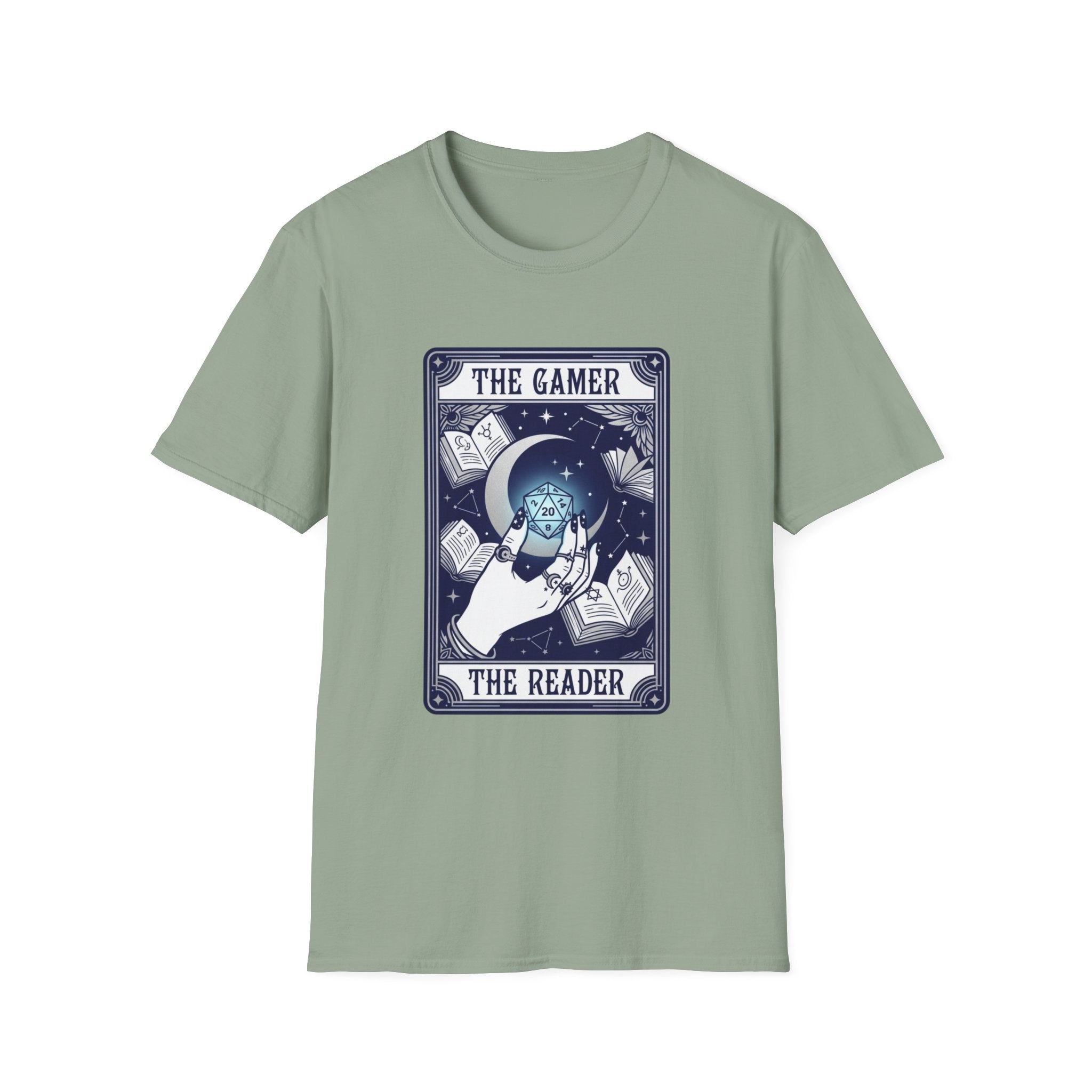 The Gamer The Reader T‑Shirt — Fantasy Dice & Book Illustration Tee