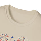 Fourth of July Beach Scene T-Shirt, Patriotic Summer Ocean Surfboard Tee, 4th of July Beach Vacation Shirt, Fireworks Umbrella Surfboard America
