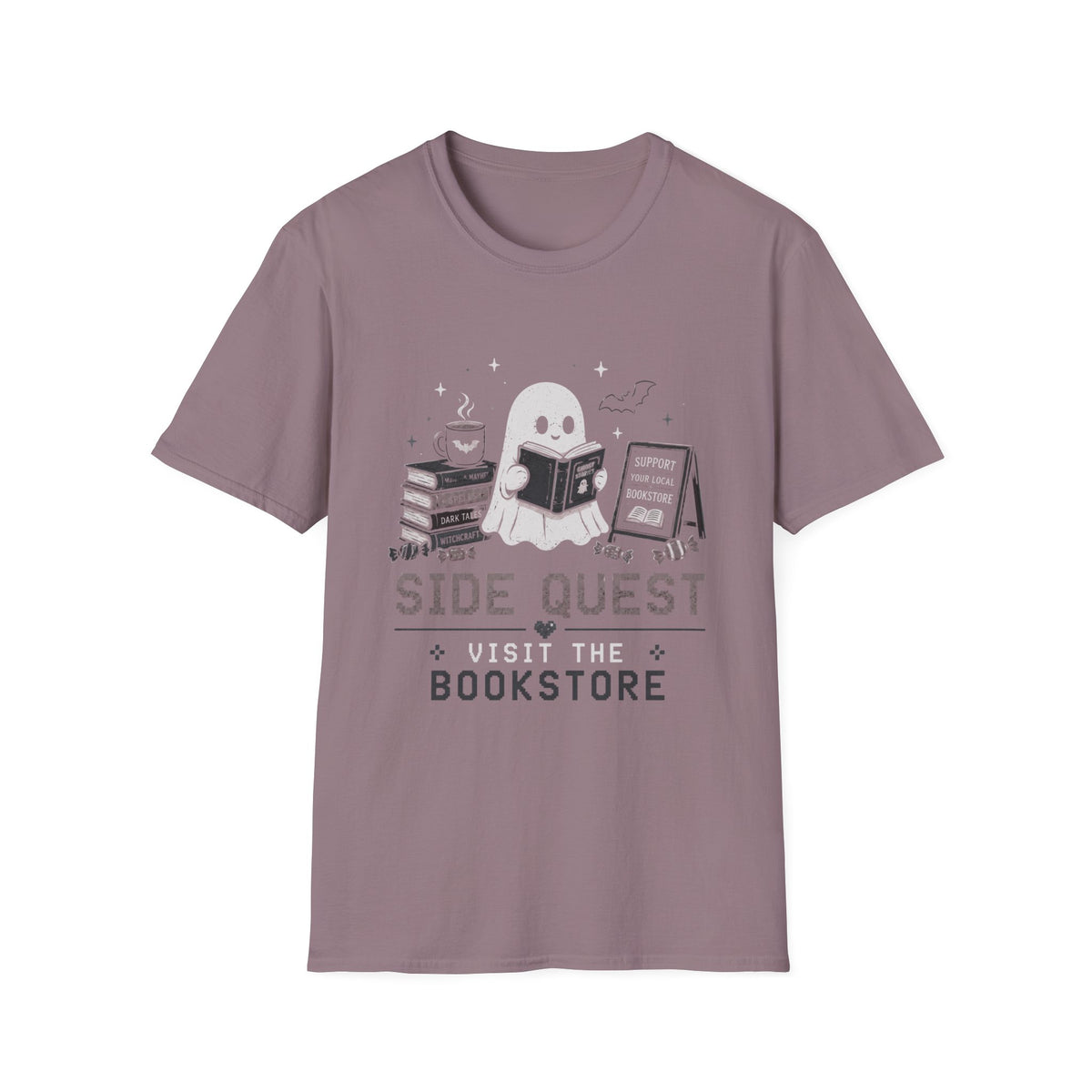 Ghost Reader T-Shirt — "Side Quest: Visit the Bookstore" Cute Halloween Book Lover Tee