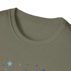 Patriotic Doodle Collage T-Shirt, Cute 4th of July Bow Heart Flag Confetti Tee, Whimsical Festive America Shirt, Coquette Patriotic Icon Scatter Gift