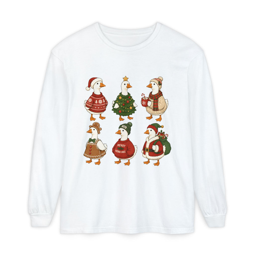 Cute Christmas Geese Holiday Ducks in Sweaters & Tree Long Sleeve T-shirt