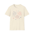 Minimalist Patriotic Fireworks T-Shirt | Fourth Of July American Flag Colors Graphic Tee, Red White Blue Stars Top