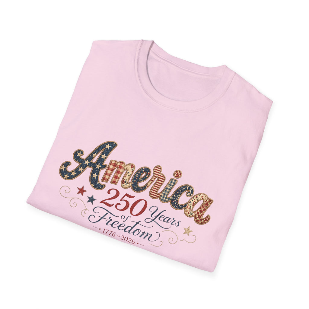 America 250 Years of Freedom Patchwork Shirt, Retro Patriotic Script Tee 1776 2026, 4th of July Vintage Americana T-Shirt, Gingham Stars Scrollwork Anniversary