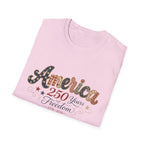 America 250 Years of Freedom Patchwork Shirt, Retro Patriotic Script Tee 1776 2026, 4th of July Vintage Americana T-Shirt, Gingham Stars Scrollwork Anniversary
