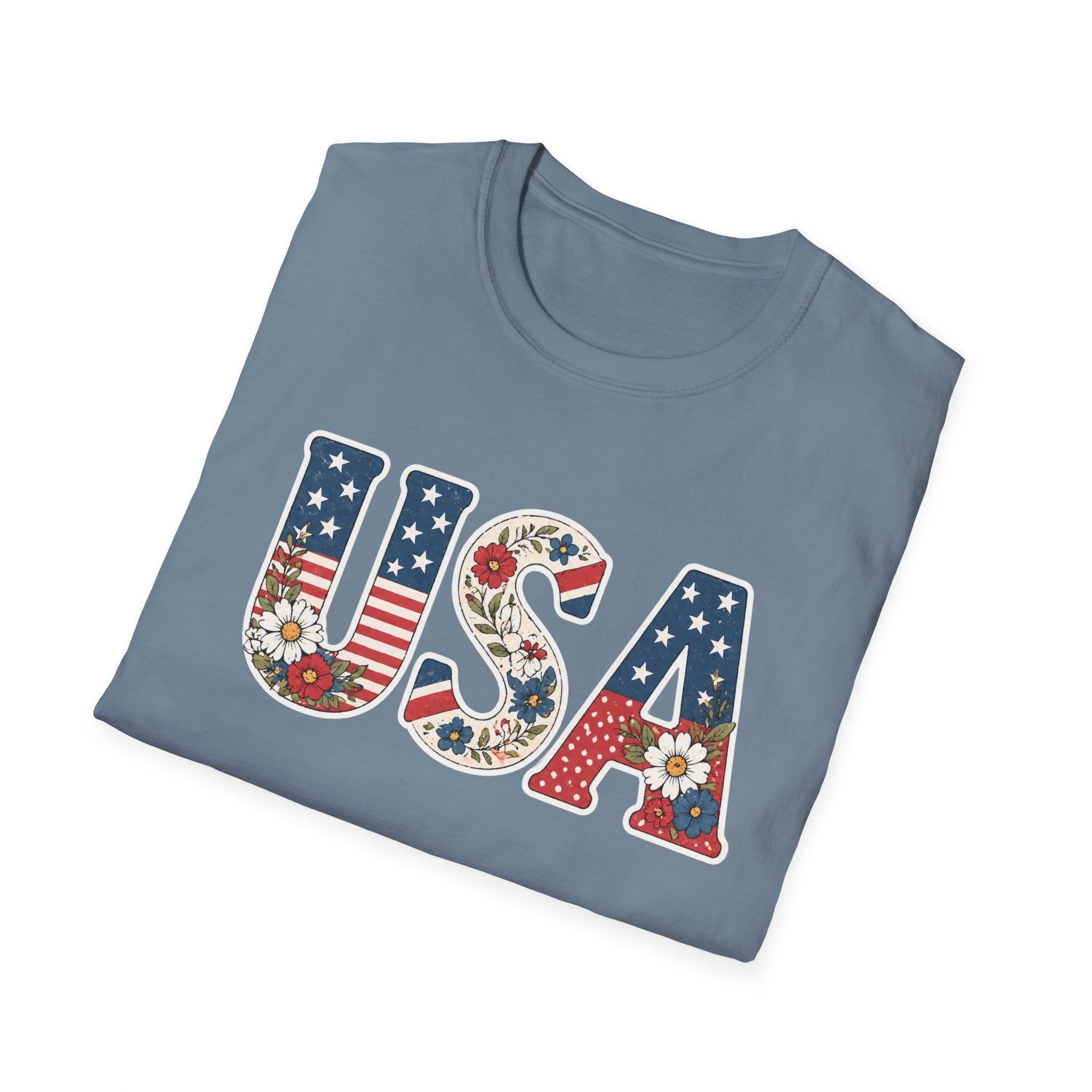 USA Patriotic Floral T-Shirt | American Flag Block Lettering Graphic Tee, Fourth Of July Vintage Cottagecore Top