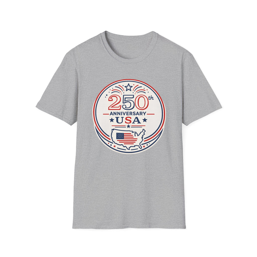USA 250th Anniversary T-Shirt | Semiquincentennial Patriotic Map Graphic Tee, American Flag Round Emblem Top