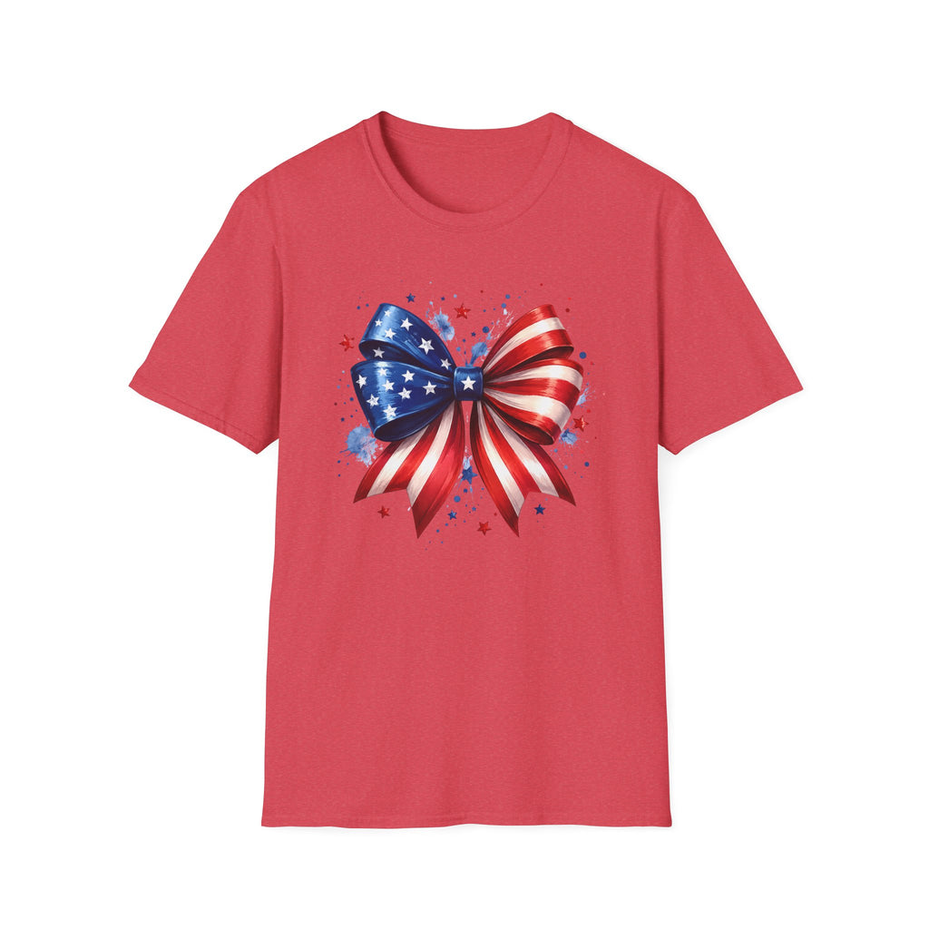 Watercolor American Flag Bow 4th of July Graphic Tee Stars Stripes - Patriotic Coquette T-Shirt
