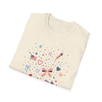 Patriotic Doodle Collage T-Shirt, Cute 4th of July Bow Heart Flag Confetti Tee, Whimsical Festive America Shirt, Coquette Patriotic Icon Scatter Gift