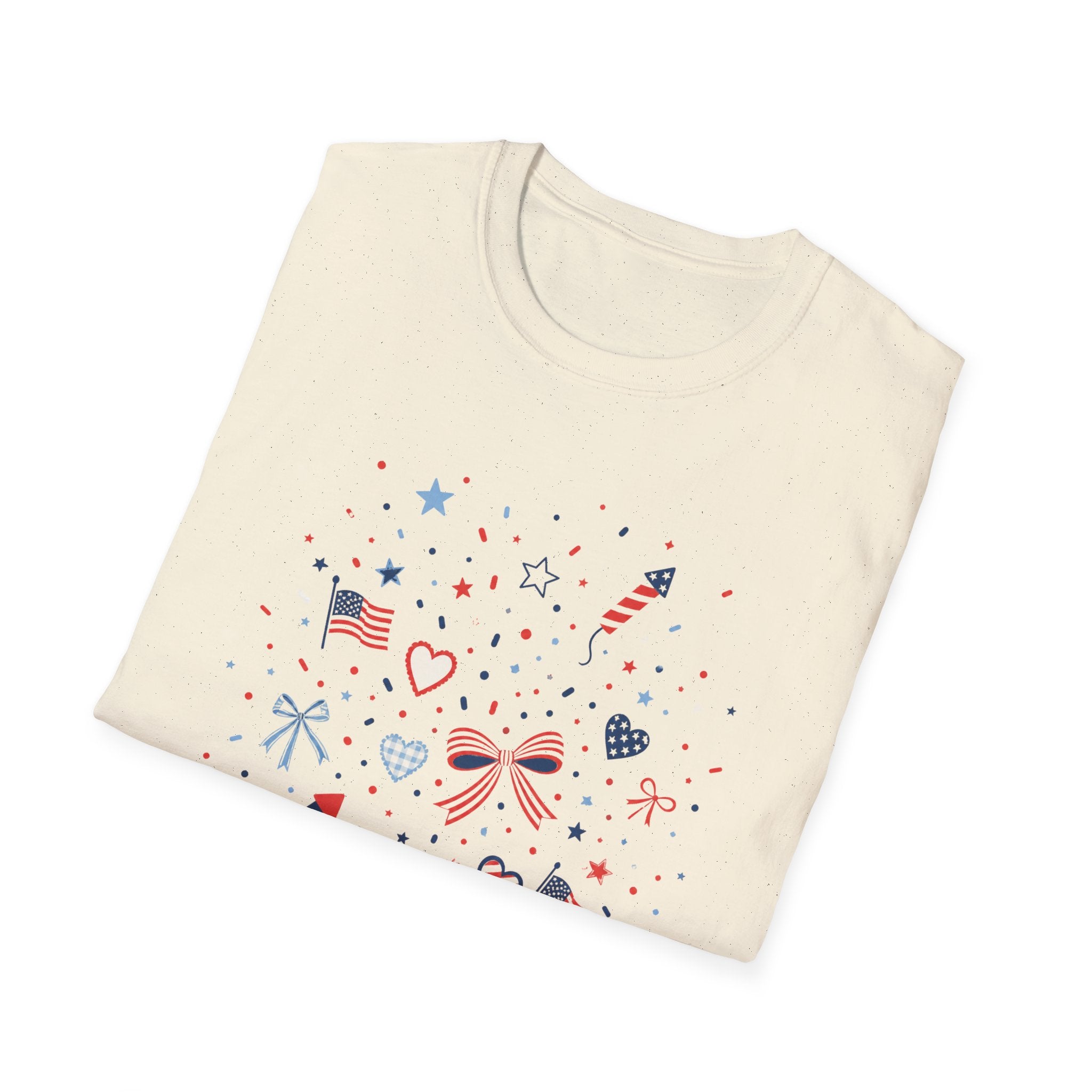 Patriotic Doodle Collage T-Shirt, Cute 4th of July Bow Heart Flag Confetti Tee, Whimsical Festive America Shirt, Coquette Patriotic Icon Scatter Gift