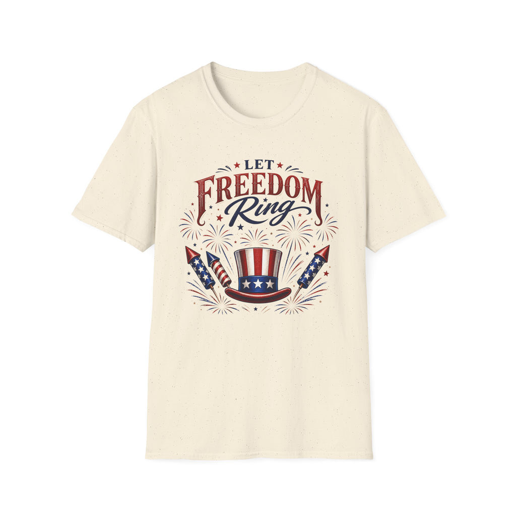 Let Freedom Ring T-Shirt | Patriotic Uncle Sam Hat Graphic Tee, Fourth Of July Charcoal Fireworks Top