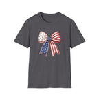 Patriotic American Flag Bow Tee, USA Pride Graphic Shirt, Fourth of July Outfit, Cute Red White Blue Bow Top