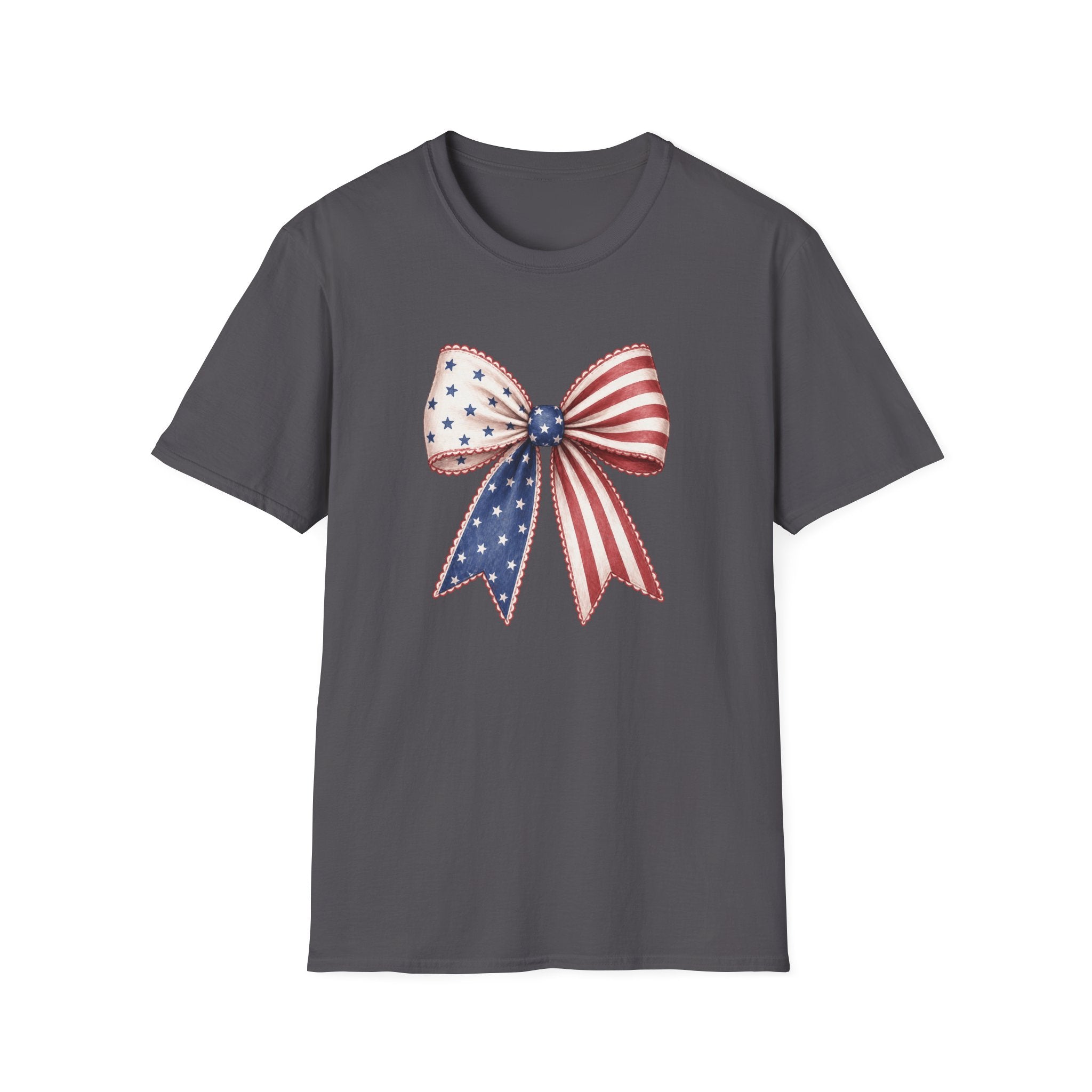 Patriotic American Flag Bow Tee, USA Pride Graphic Shirt, Fourth of July Outfit, Cute Red White Blue Bow Top
