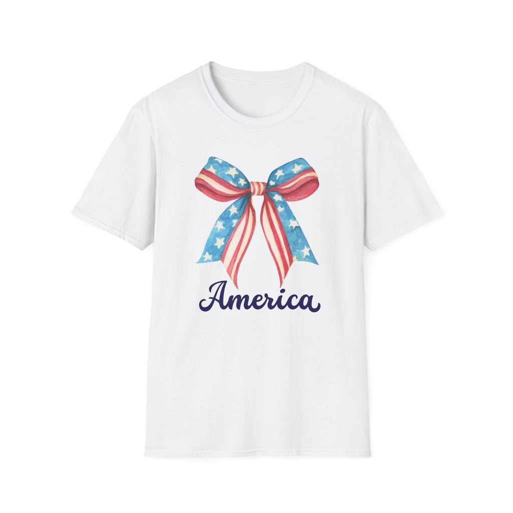 Coquette Patriotic Bow Shirt, 4th of July Women's T-Shirt, American Flag Bow Tee, USA Watercolor Bow, Stars and Stripes Shirt, Independence Day Gift