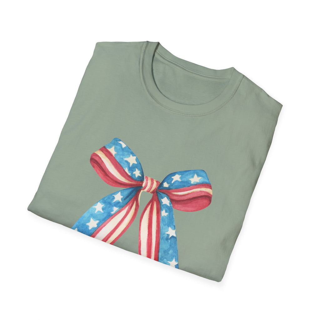 Coquette Patriotic Bow Shirt, 4th of July Women's T-Shirt, American Flag Bow Tee, USA Watercolor Bow, Stars and Stripes Shirt, Independence Day Gift