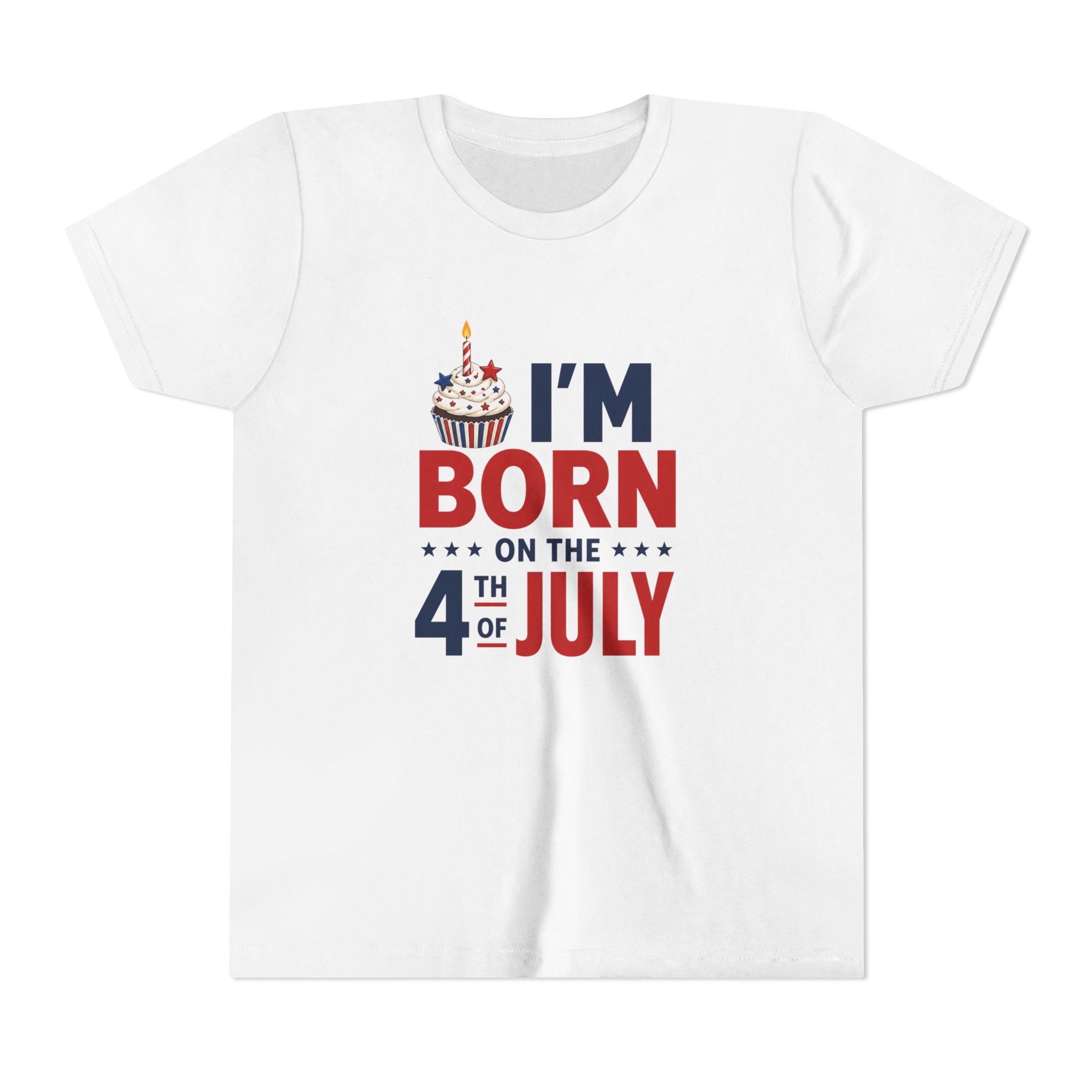 Born on the 4th of July Tee, Patriotic Birthday USA Shirt, Red White Blue Cupcake Graphic Top, Independence Day Celebration Outfit Youth Short Sleeve Tee
