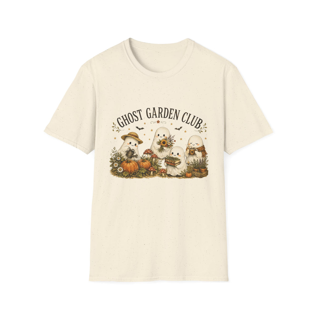 Ghost Garden Club T-Shirt — Cute Autumn Halloween Ghosts with Pumpkins & Flowers