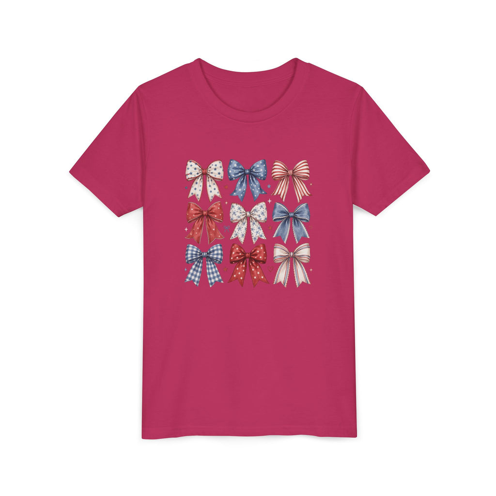Patriotic Bow Grid Tee, Red Blue Checkered Ribbon Shirt, Cute USA Graphic Top, Fourth of July Celebration Outfit Youth Short Sleeve Tee