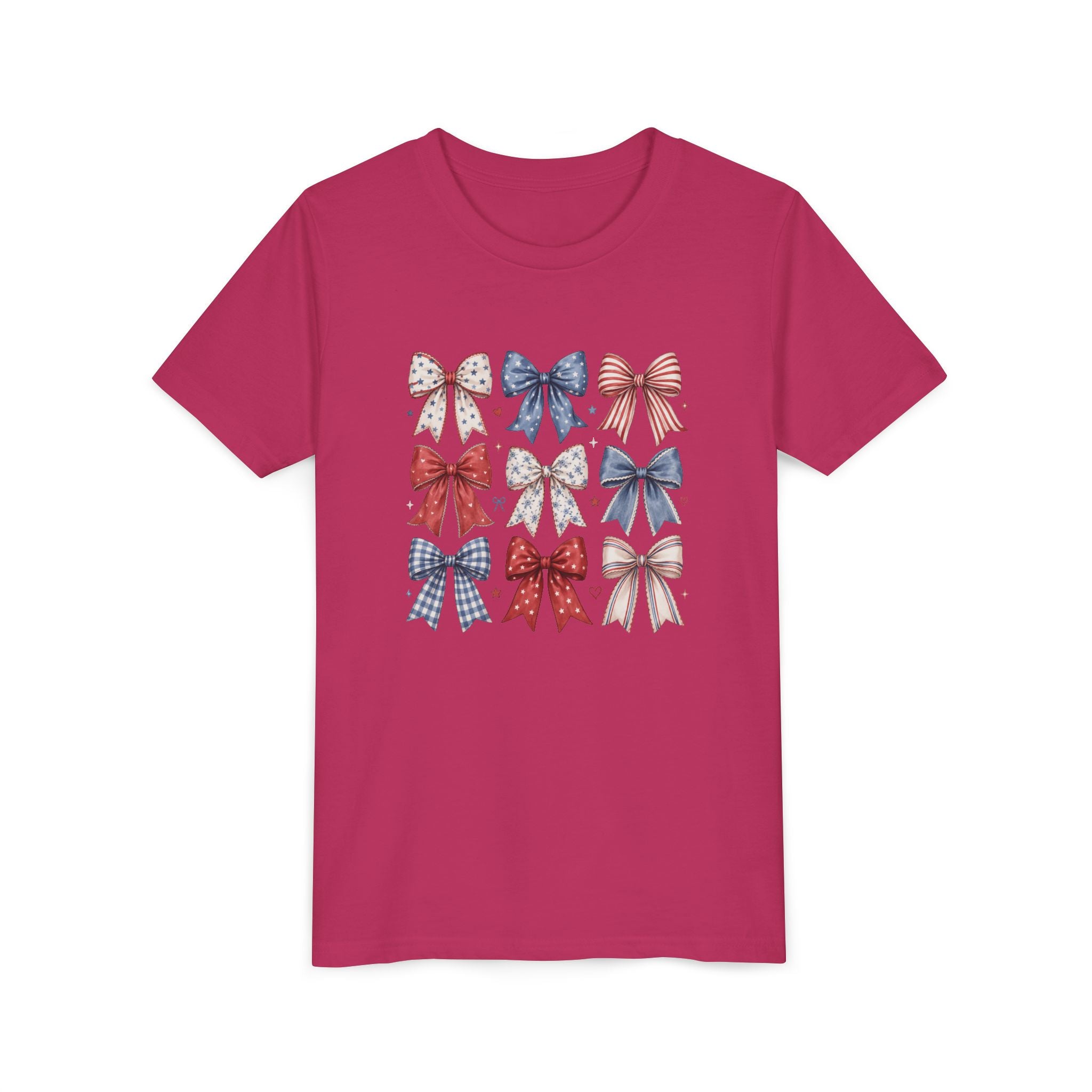 Patriotic Bow Grid Tee, Red Blue Checkered Ribbon Shirt, Cute USA Graphic Top, Fourth of July Celebration Outfit Youth Short Sleeve Tee