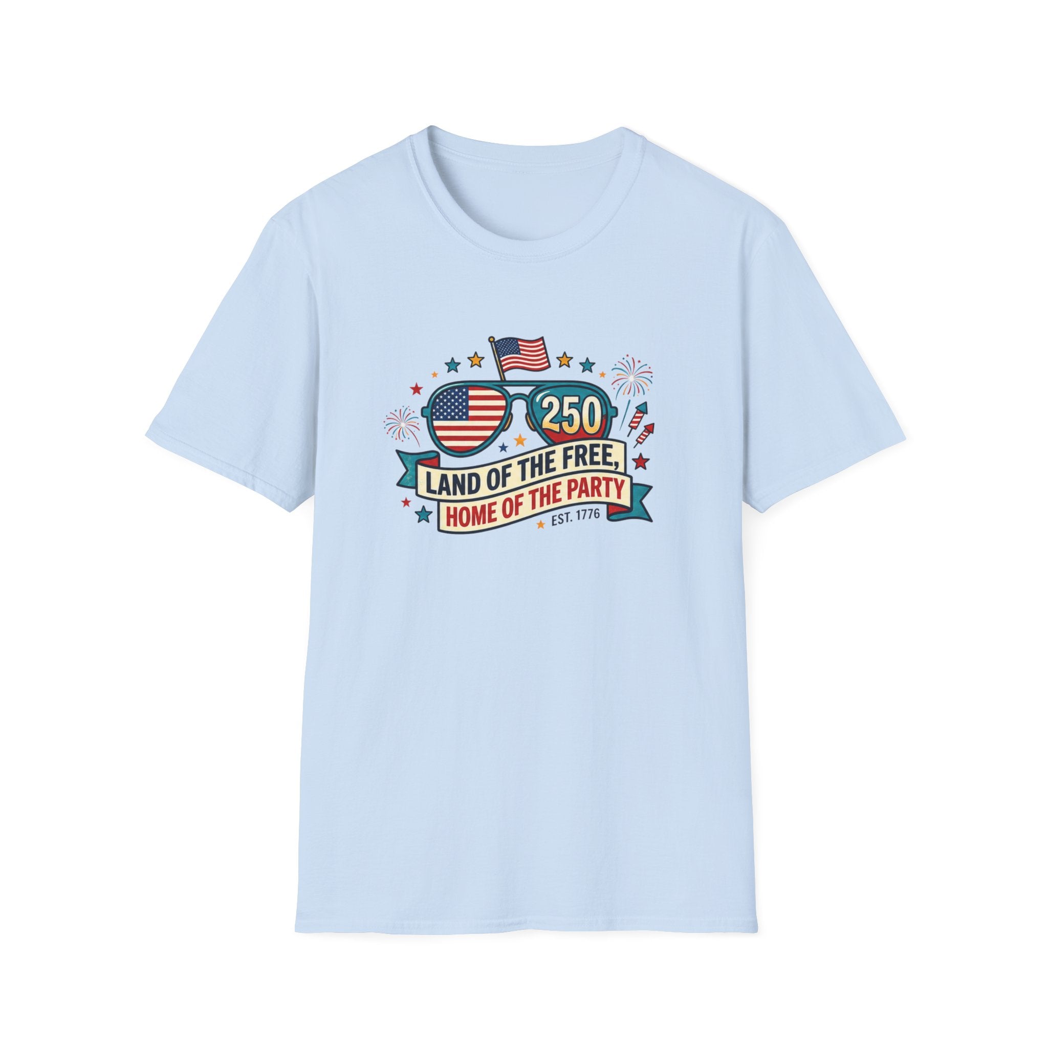 Land of the Free Home of the Party Tee, USA 250 Sunglasses Shirt, Red White Blue Celebration Graphic Top, Patriotic Fourth of July Outfit T-Shirt