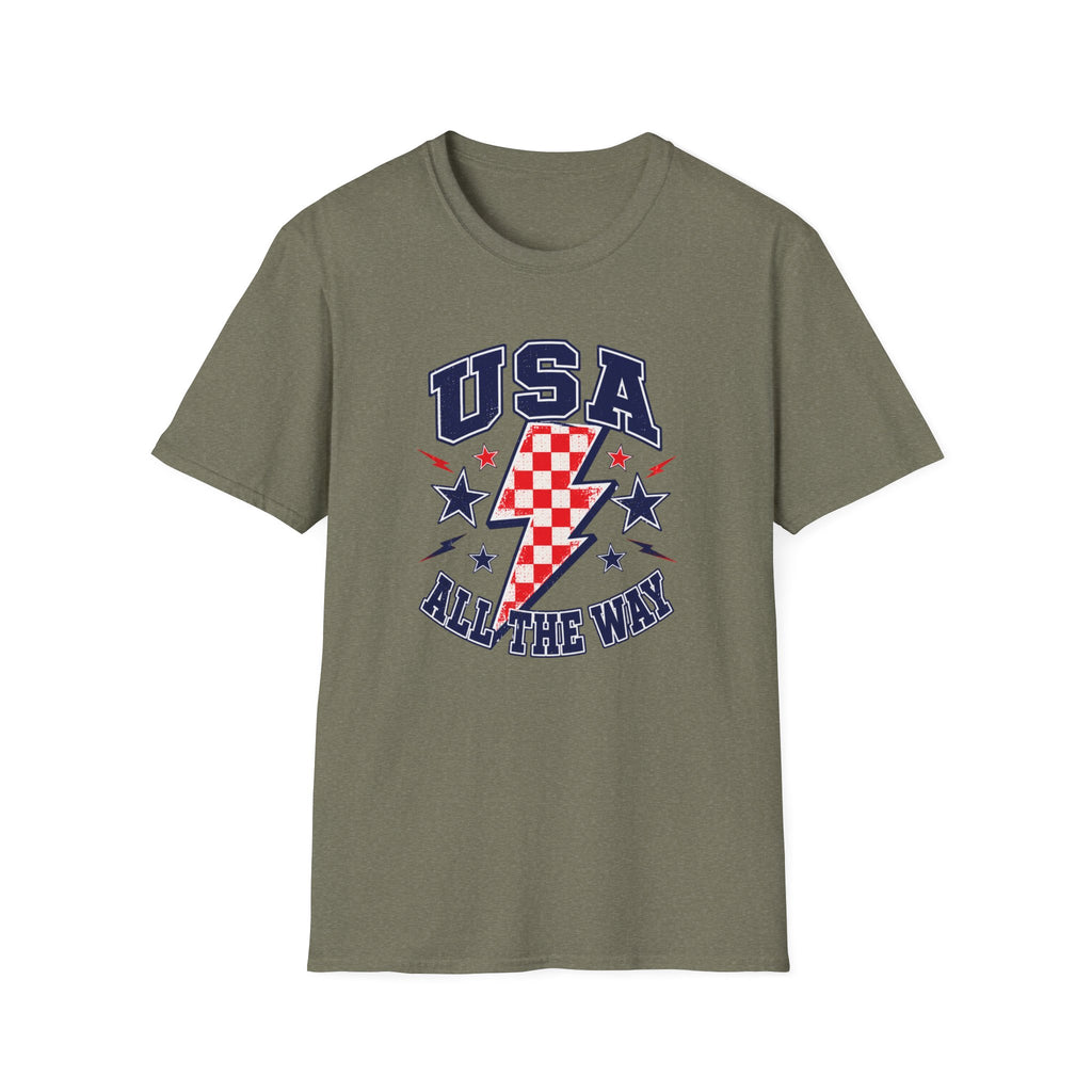 USA All The Way Patriotic T-Shirt, Retro Americana Graphic Tee, Vintage Fourth of July Shirt, Lightning Bolt Checkered Design, Summer Independence Day Apparel T-Shirt