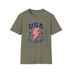 USA All The Way Patriotic T-Shirt, Retro Americana Graphic Tee, Vintage Fourth of July Shirt, Lightning Bolt Checkered Design, Summer Independence Day Apparel T-Shirt