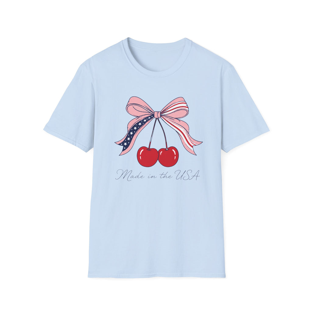Made in the USA Cherry Tee, Patriotic Red White Blue Shirt, Cute Bow Fruit Graphic Top, Fourth of July Summer Outfit Unisex Softstyle T-Shirt