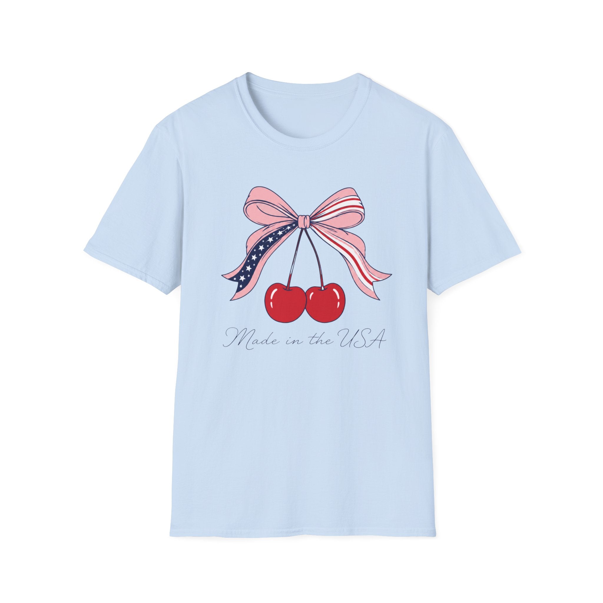Made in the USA Cherry Tee, Patriotic Red White Blue Shirt, Cute Bow Fruit Graphic Top, Fourth of July Summer Outfit Unisex Softstyle T-Shirt