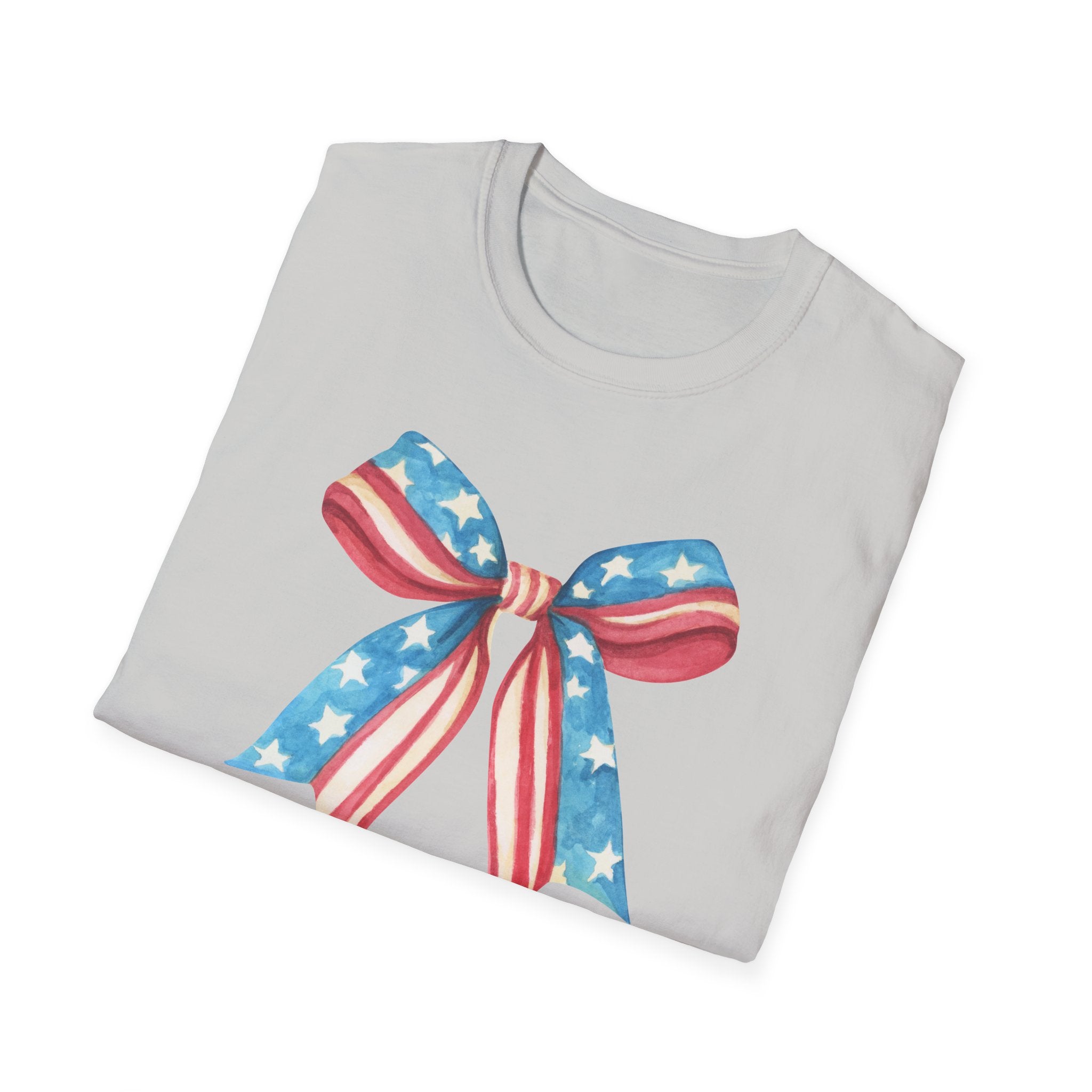 Coquette Patriotic Bow Shirt, 4th of July Women's T-Shirt, American Flag Bow Tee, USA Watercolor Bow, Stars and Stripes Shirt, Independence Day Gift