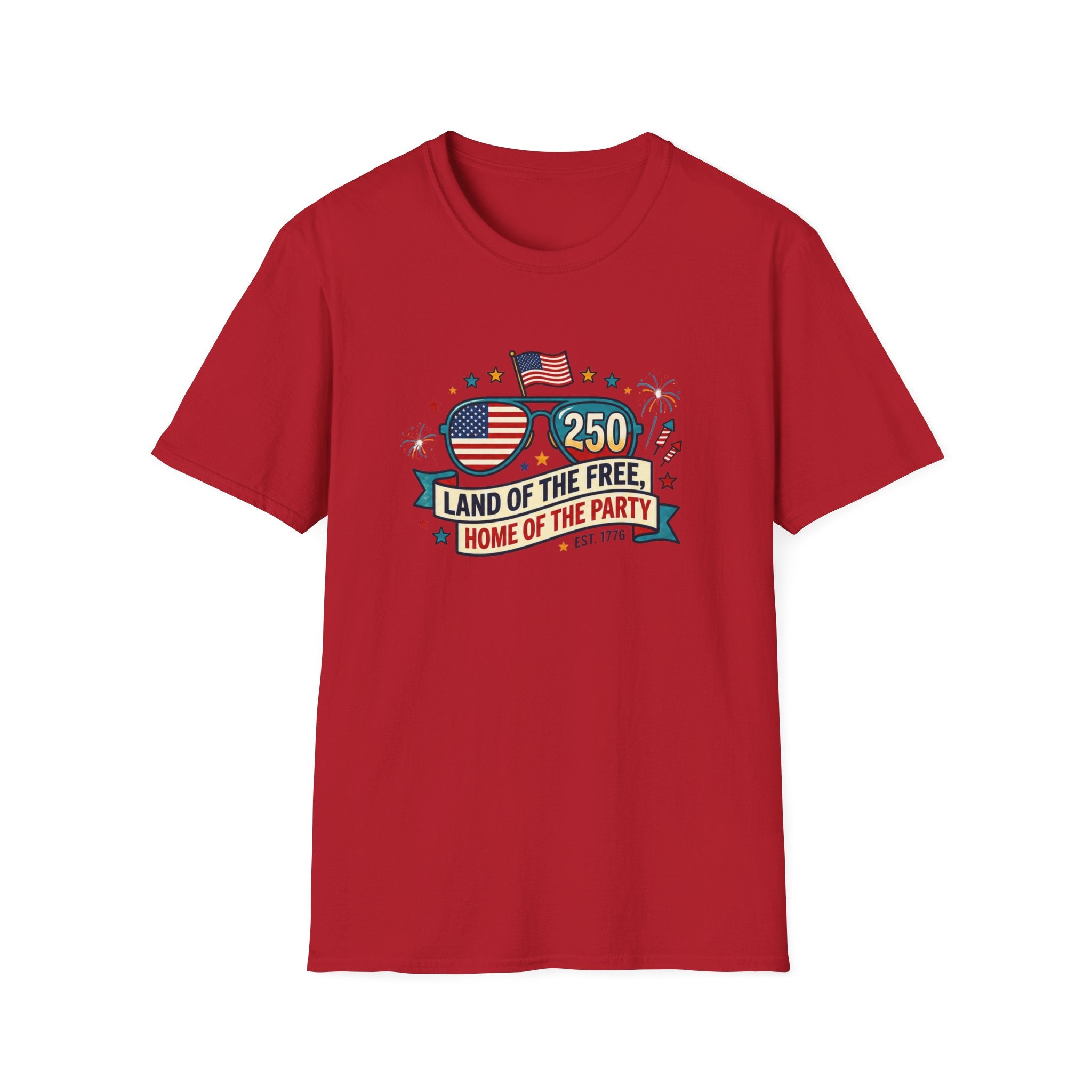 Land of the Free Home of the Party Tee, USA 250 Sunglasses Shirt, Red White Blue Celebration Graphic Top, Patriotic Fourth of July Outfit T-Shirt