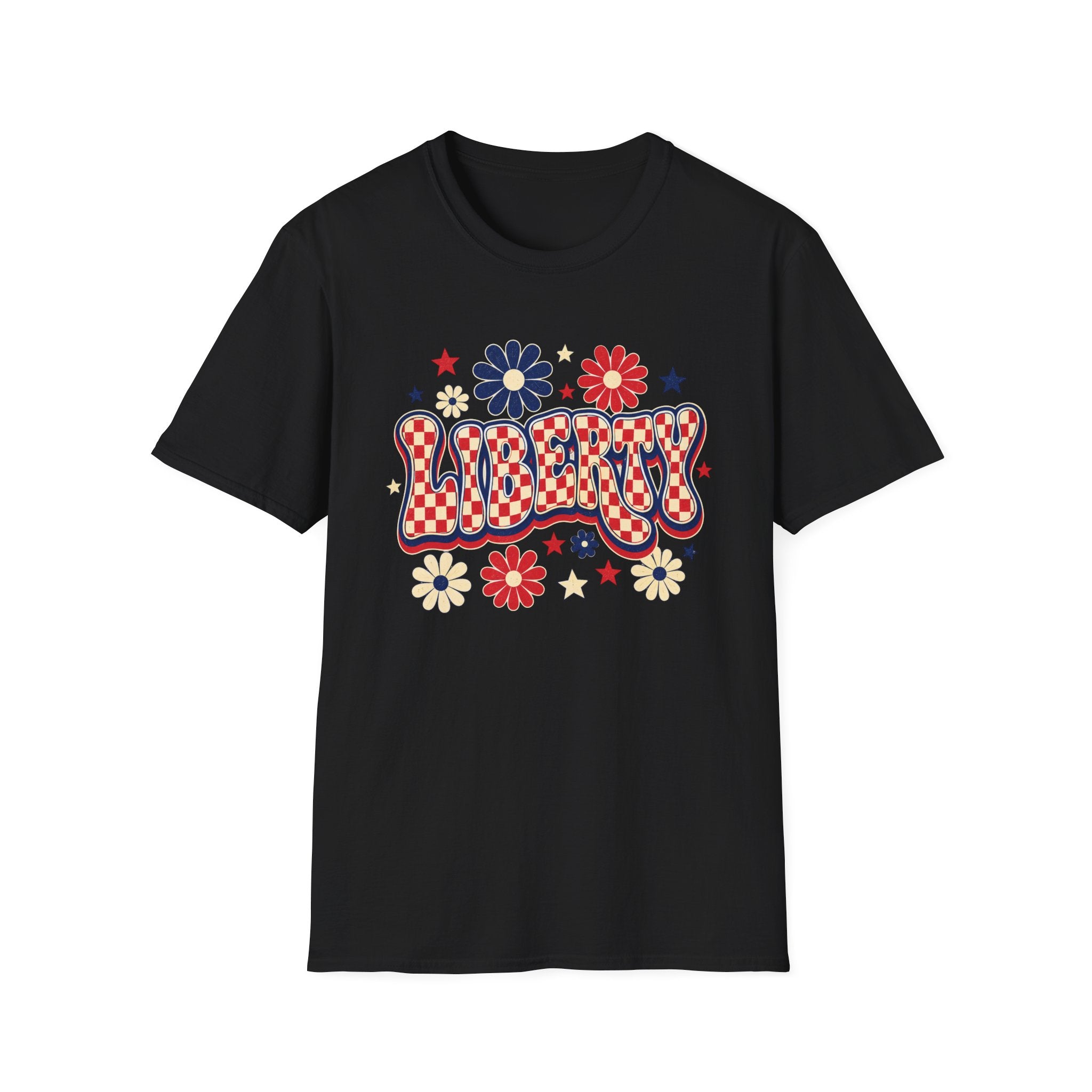 Liberty Retro USA Tee, Vintage Red White Blue Shirt, Patriotic Floral Graphic Top, Fourth of July Celebration Outfit Unisex Softstyle T-Shirt