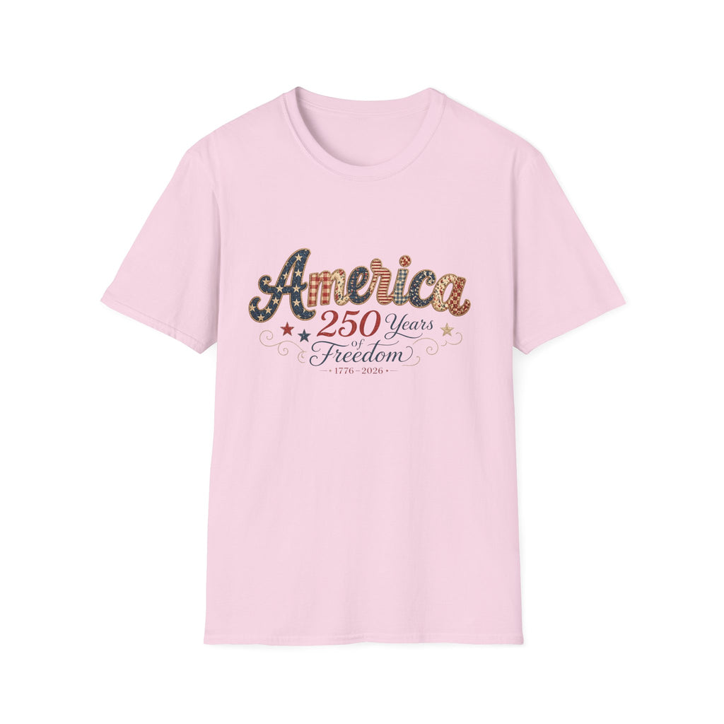 America 250 Years of Freedom Patchwork Shirt, Retro Patriotic Script Tee 1776 2026, 4th of July Vintage Americana T-Shirt, Gingham Stars Scrollwork Anniversary