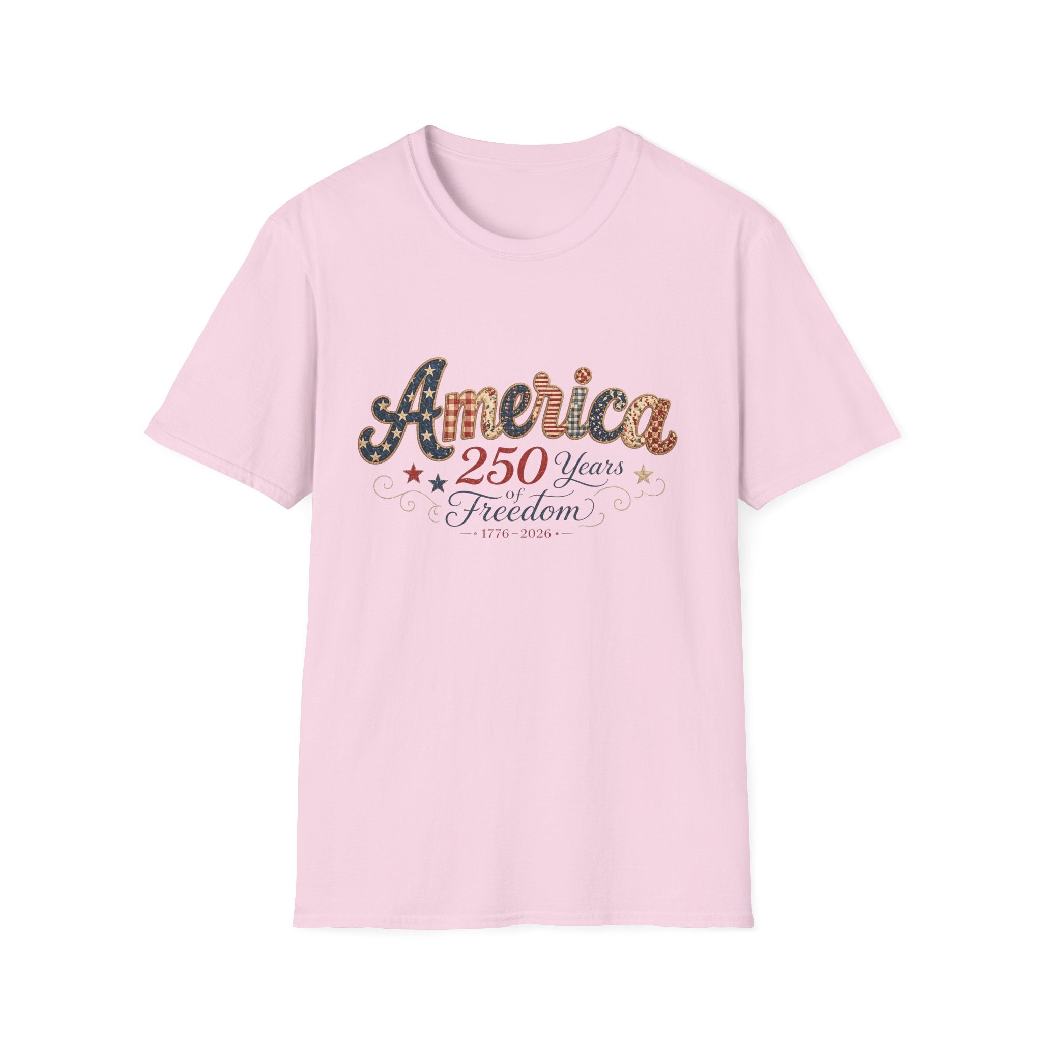 America 250 Years of Freedom Patchwork Shirt, Retro Patriotic Script Tee 1776 2026, 4th of July Vintage Americana T-Shirt, Gingham Stars Scrollwork Anniversary