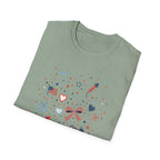 Patriotic Doodle Collage T-Shirt, Cute 4th of July Bow Heart Flag Confetti Tee, Whimsical Festive America Shirt, Coquette Patriotic Icon Scatter Gift