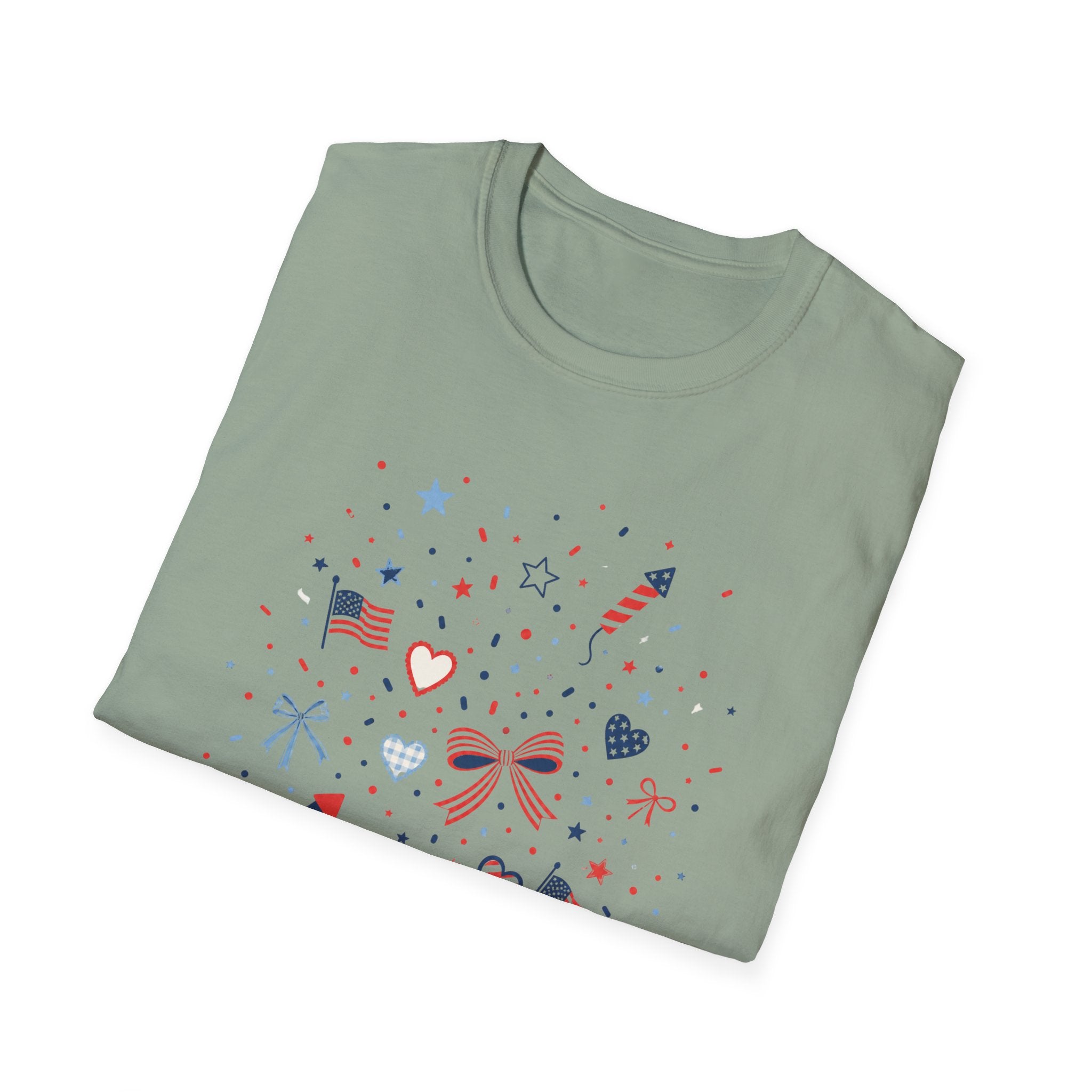 Patriotic Doodle Collage T-Shirt, Cute 4th of July Bow Heart Flag Confetti Tee, Whimsical Festive America Shirt, Coquette Patriotic Icon Scatter Gift