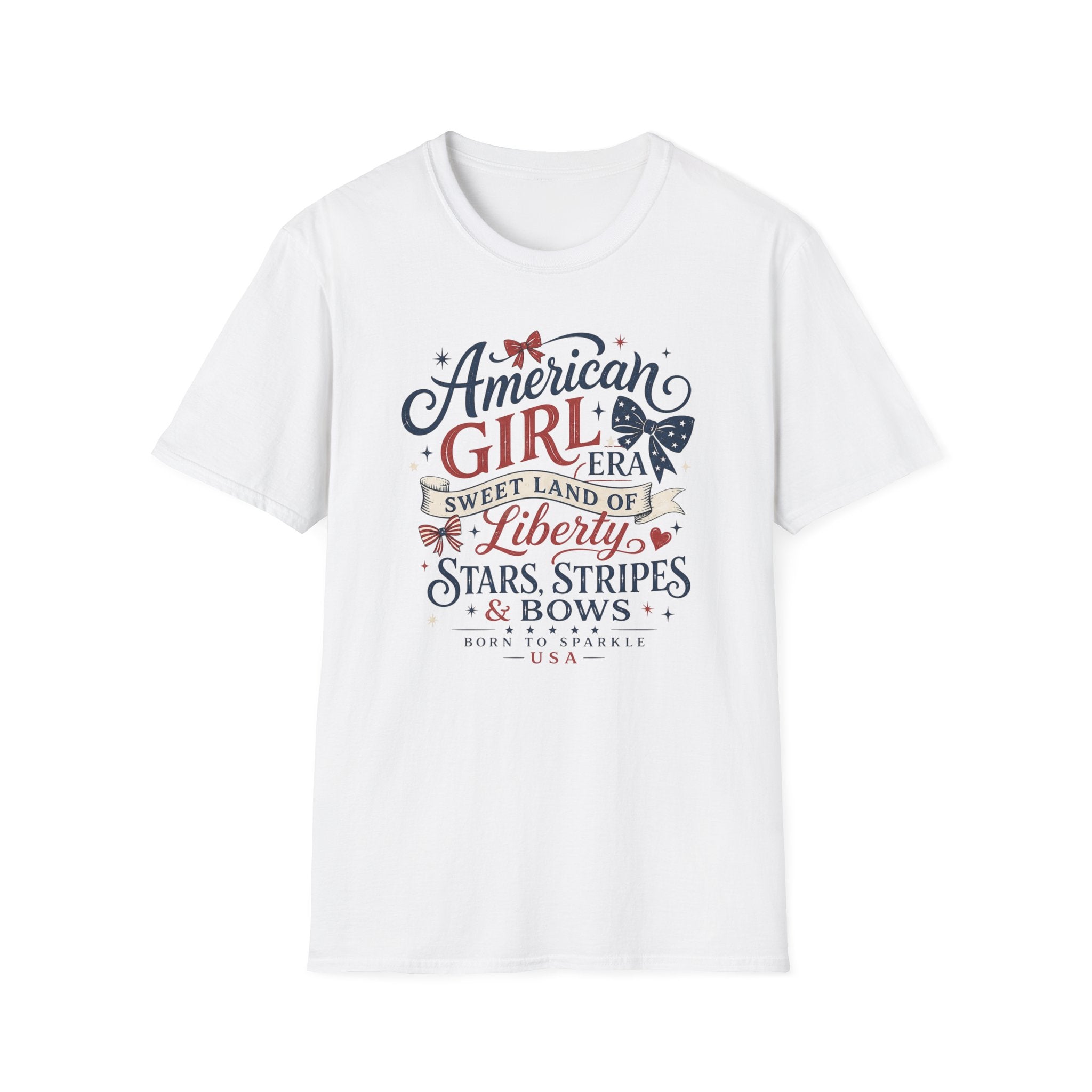 American Girl Era Tee, Sweet Land of Liberty Shirt, Stars Stripes Bows Graphic Top, USA Born Raised Patriotic Outfit T-Shirt