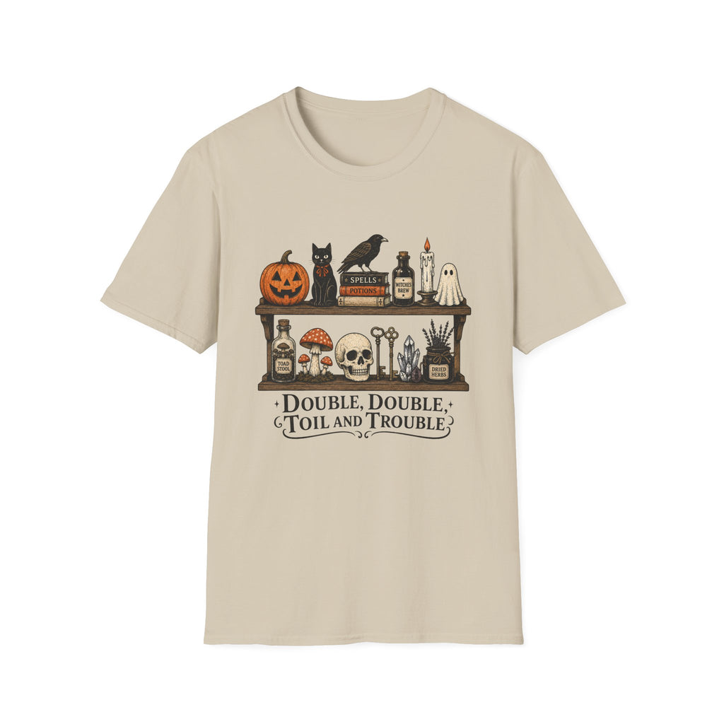 Halloween Potion Shelf T‑Shirt — "Double, Double, Toil and Trouble"