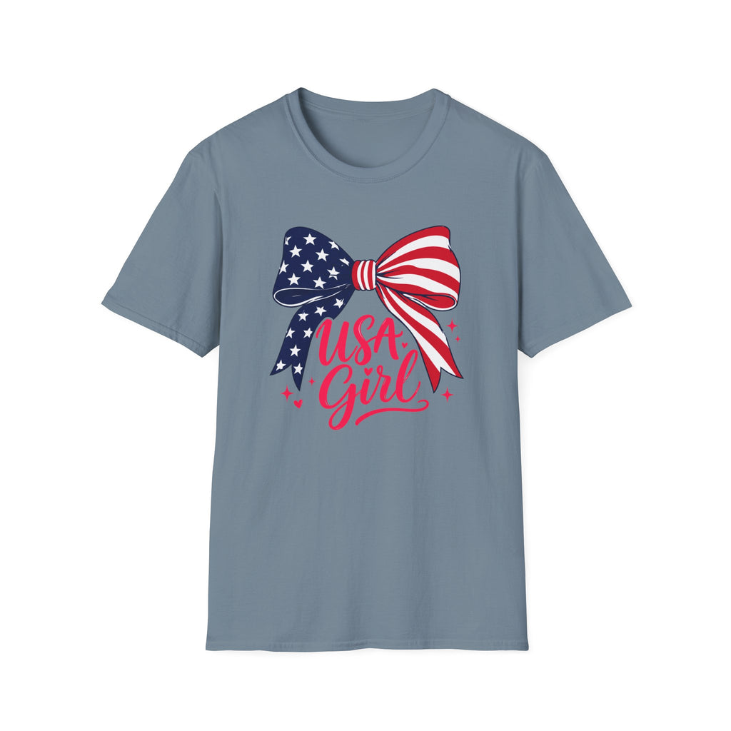 USA Girl T-Shirt, Coquette Flag Bow Pink Script Tee, 4th of July Girl Shirt Women Teens, Stars Stripes Bow Sparkle Patriotic Gift, Cute Pink Script Independence Day Tee