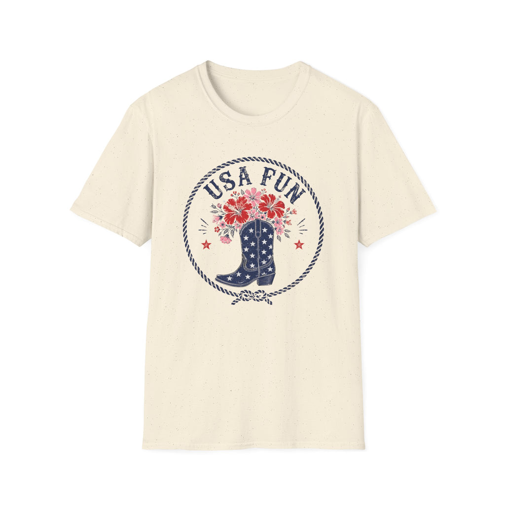 USA Fun Floral Cowboy Boot T-Shirt, Western Patriotic Hibiscus Boot Tee, Country 4th of July Rope Circle Shirt, Star Boot Wildflower America Gift