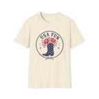USA Fun Floral Cowboy Boot T-Shirt, Western Patriotic Hibiscus Boot Tee, Country 4th of July Rope Circle Shirt, Star Boot Wildflower America Gift