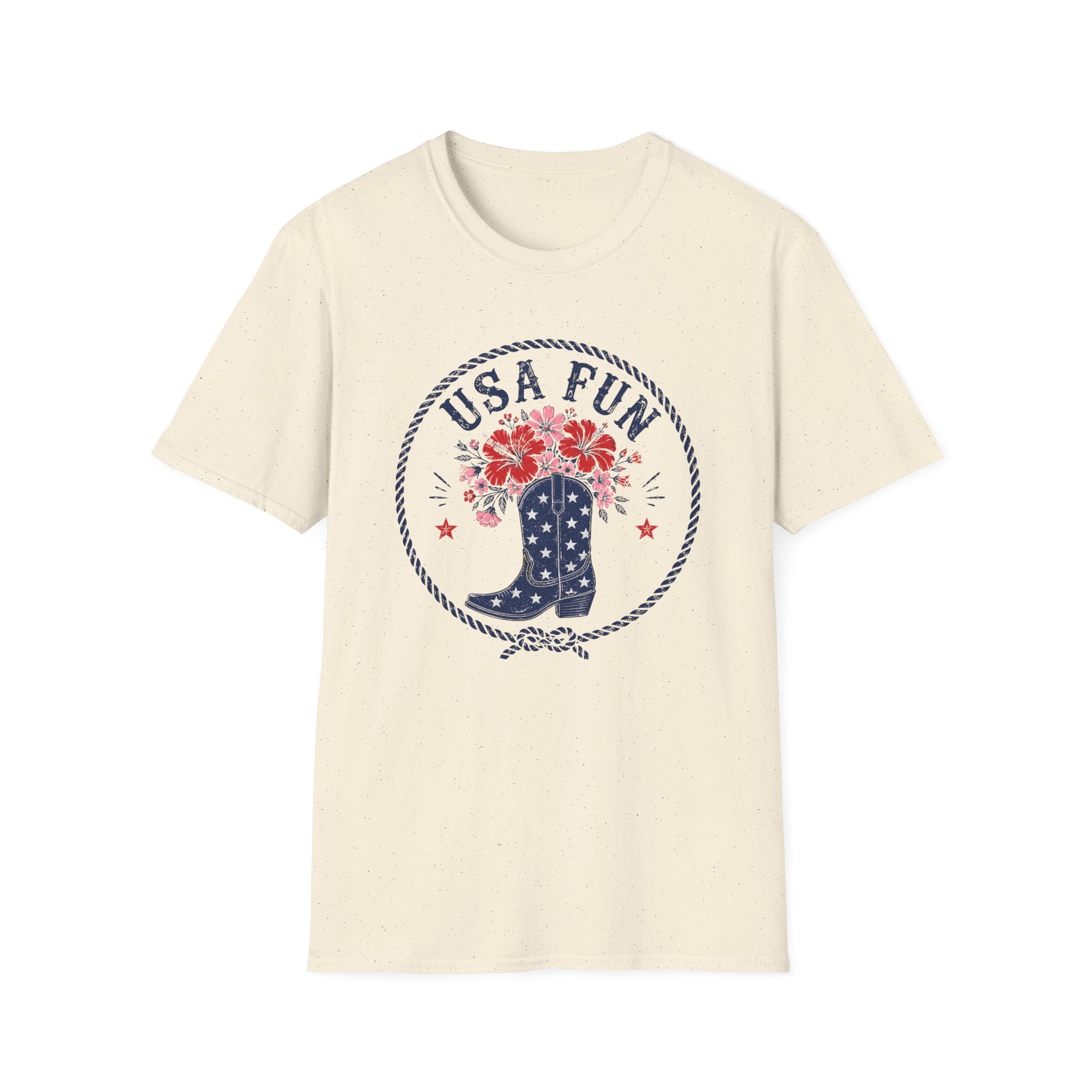 USA Fun Floral Cowboy Boot T-Shirt, Western Patriotic Hibiscus Boot Tee, Country 4th of July Rope Circle Shirt, Star Boot Wildflower America Gift