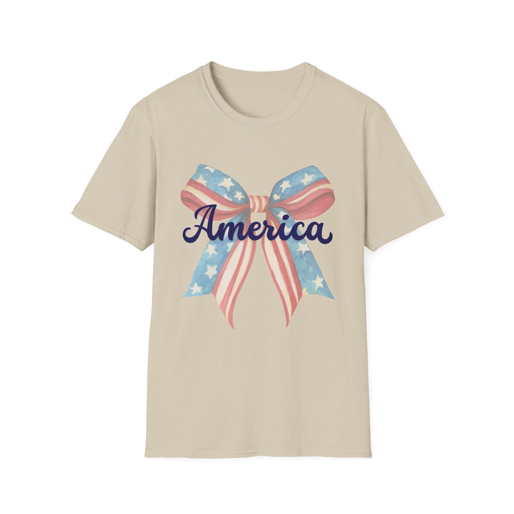 America Bow Patriotic T-Shirt, Coquette Fourth of July Graphic Tee, Vintage Americana Ribbon Shirt, Cute USA Holiday Apparel, Soft Girl Patriotic Outfit